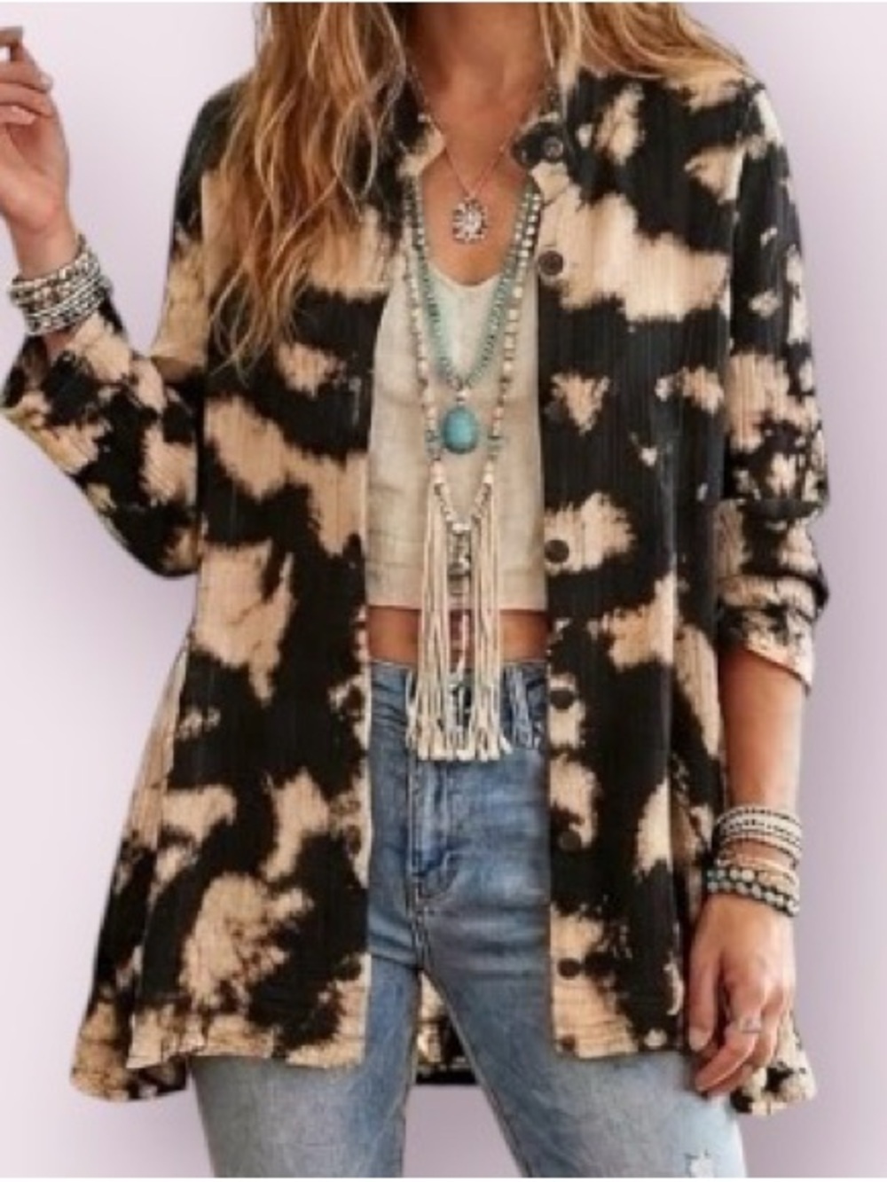 Dress To Kill by Jane Mohr Splotch Dye Button Up Top Shirt Jacket One Size